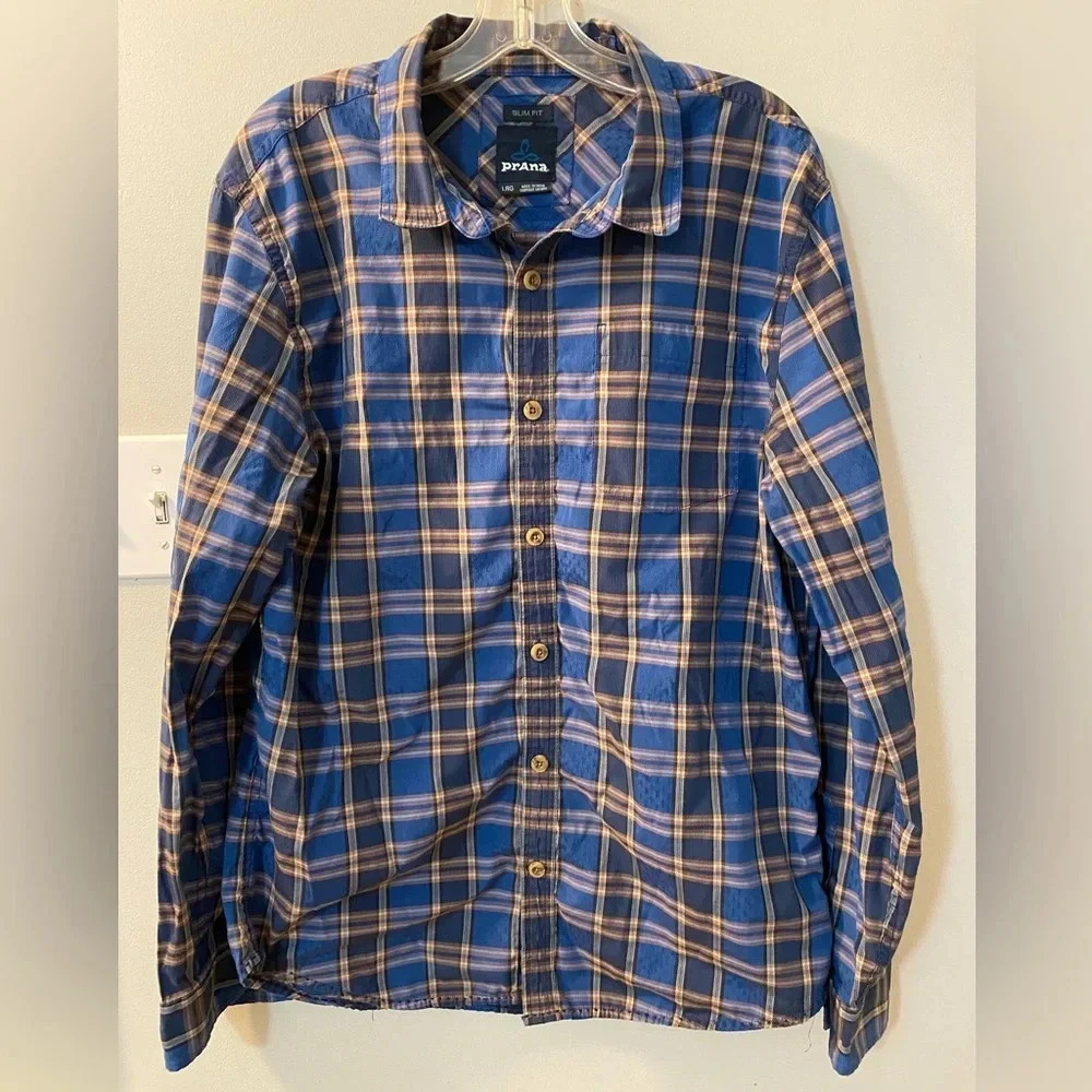 Prana men’s slim fit button down shirt, large. Blue, salmon and beige plaid
